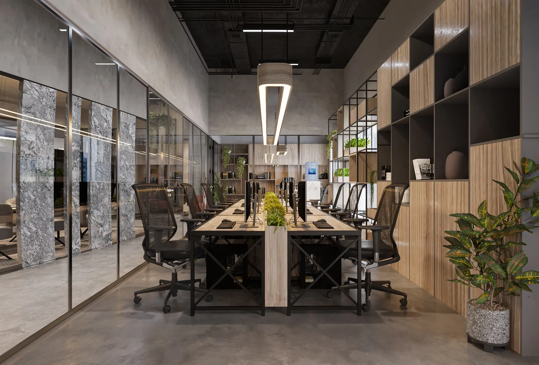Office hallway with tables